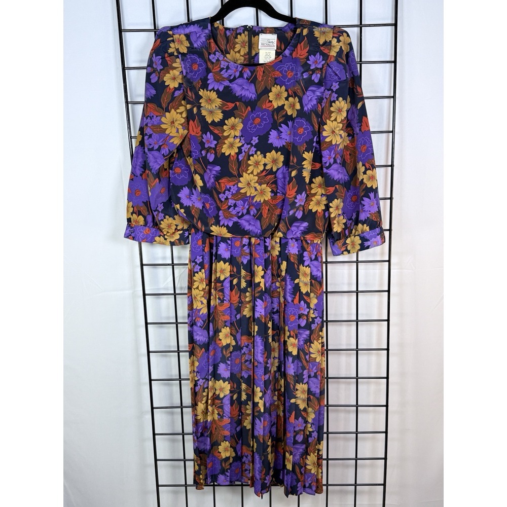 Vintage SHELLY MICHAELS Pleated Blouson Dress‎ Womens 7 8 Purple Floral 90s
